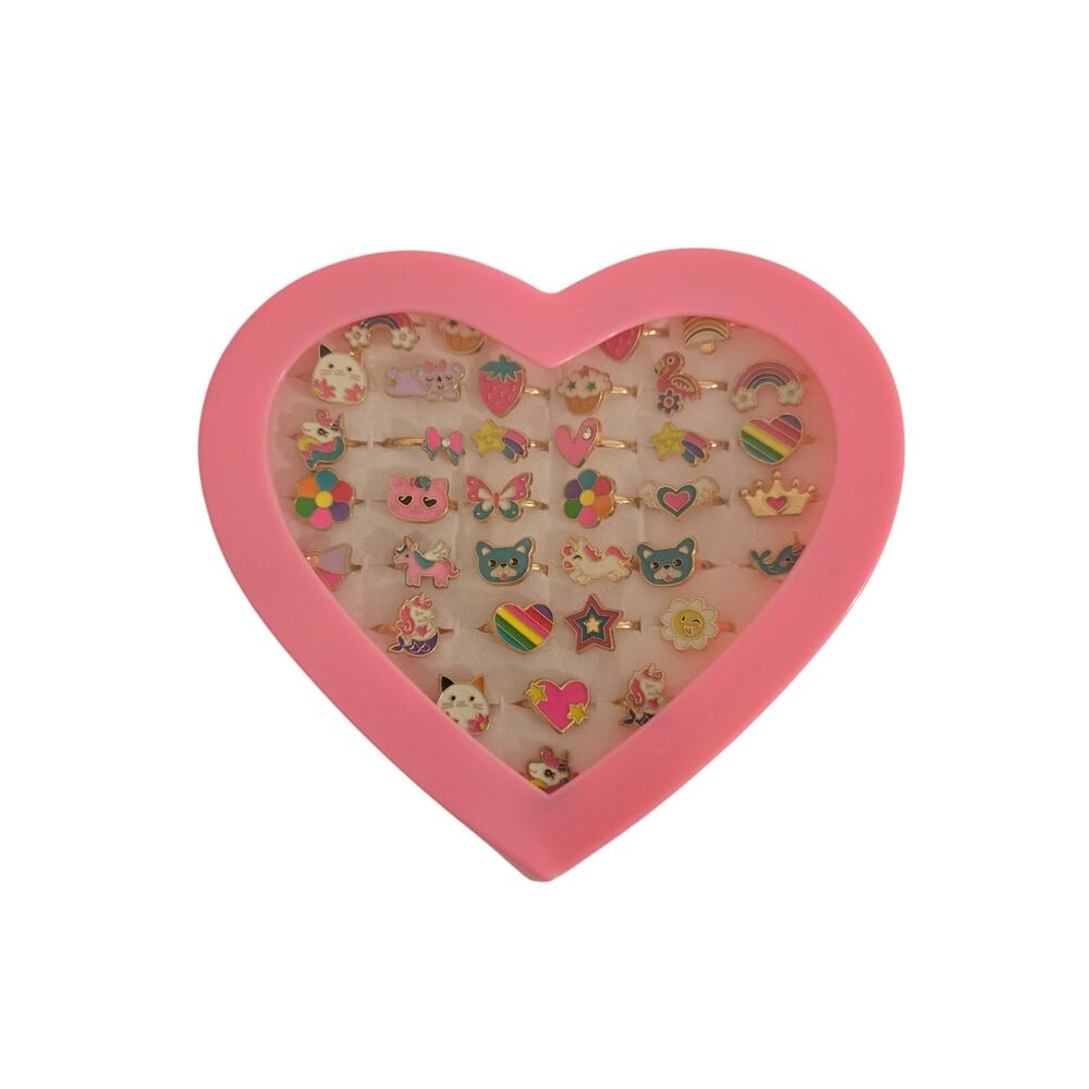 Heart-Shaped Kids Ring Set – 36 Adjustable Colorful Rings in Gift Box